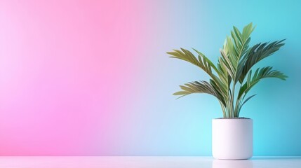 Lush Green Indoor Plant in White Pot Against Vibrant Pink and Blue Gradient Background for Home Decor and Modern Aesthetic Spaces