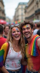 Fototapeta premium Joyful Couple Celebrating with Pride Flags and Face Paint