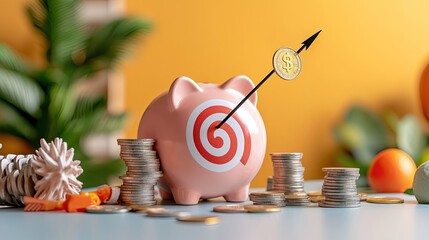 A piggy bank with a target design is pierced by an arrow, surrounded by coins, symbolizing savings goals and financial success.
