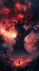 Illustration of Burning Tree, Red Leaves, and Lone Figure