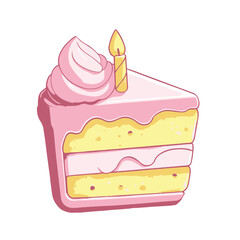 A pink and yellow slice of cake with one candle