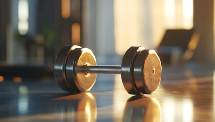 Close-up of modern dumbbells on a blurred background in a gym, close-up of one or two metal weights with copy space for text,
