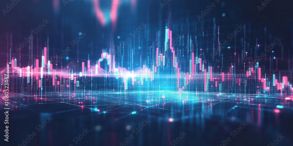 Poster abstract digital data visualization with glowing lines and bars in blue and pink hues.
