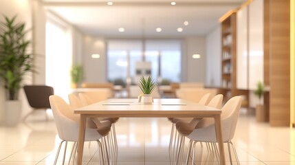 A modern conference room with a wooden table, chairs, and a small plant centerpiece, designed for meetings.