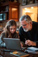 Fototapeta premium A father and teenage daughter working on a laptop together at the kitchen table, with both focused and exchanging ideas