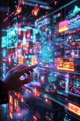 A person interacting with a 3D holographic interface in mid-air, with vibrant icons and data projections floating in front of them