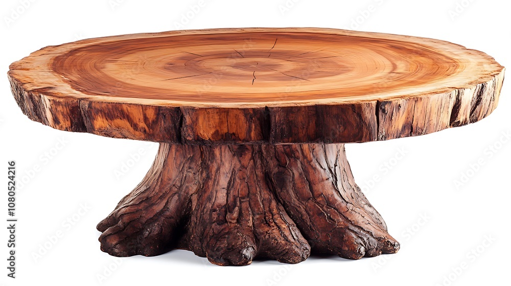 Poster a rustic wooden table with a thick, round top and a textured base, designed for dining or display pu