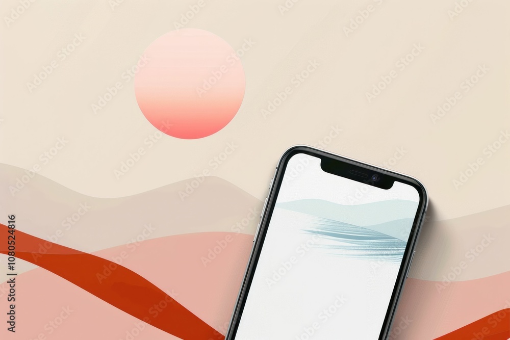 Poster abstract landscape with smartphone showcasing a minimalistic design, featuring soft waves and a larg