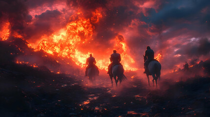 Illustration of Horse Riders Escaping Firestorm