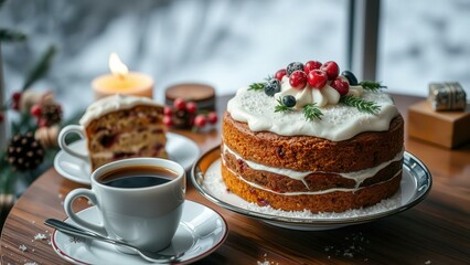 Delightful Christmas Cake and Coffee Set-Up: Perfect for Festive Celebrations, Cozy Mornings, or Holiday Gifts
