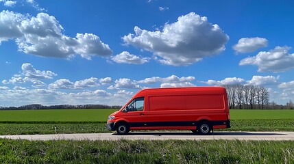 Red Delivery Van on Open Road with Lush Green Field and Bright Blue Sky Full of Fluffy Clouds During a Sunny Day in Scenic Countryside Landscape