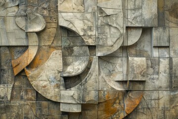 Close-up of an abstract geometric concrete wall featuring textured patterns and earthy tones, showcasing urban art and architecture.