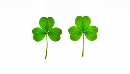 Two four-leaf clovers on white background, symbol of luck, St. Patrick's Day theme, copy space