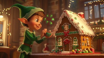 A 3D elf decorating a gingerbread house in a cozy room, leaving space on the right for a festive greeting