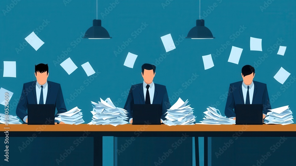 Poster a digital illustration of three office workers overwhelmed by paperwork while using laptops in a clu
