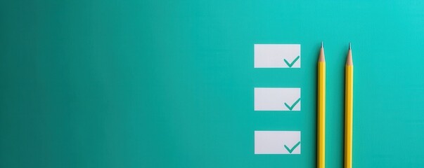 A minimalist image featuring a turquoise background, three checkboxes with tick marks, and two yellow pencils next to them.