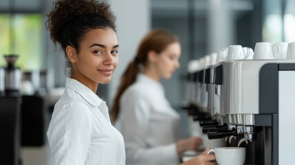 A barista smiles while serving coffee at a modern caf&eacute;, showcasing coffee machines and a colleague preparing drinks in the background.
