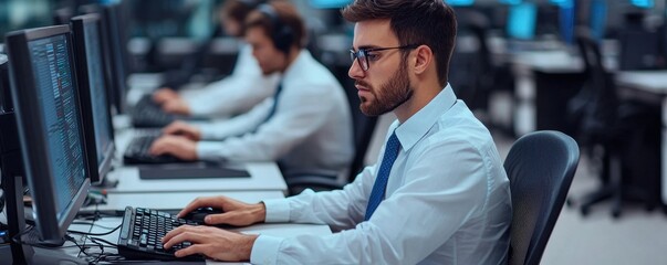 A focused individual in a professional setting working at a computer, surrounded by others in a modern office environment.
