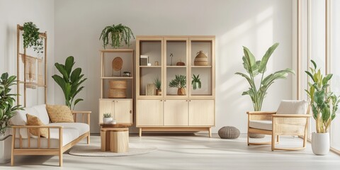 Fototapeta premium Office interior with wooden furniture and green plants. Good for online work