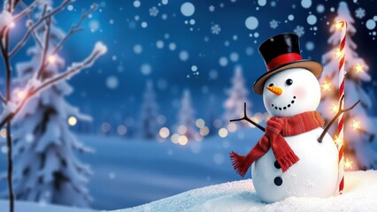 Enchanting Winter Scene with Snowman, Perfect for Holiday Greetings, Wallpapers, and Christmas Decorations