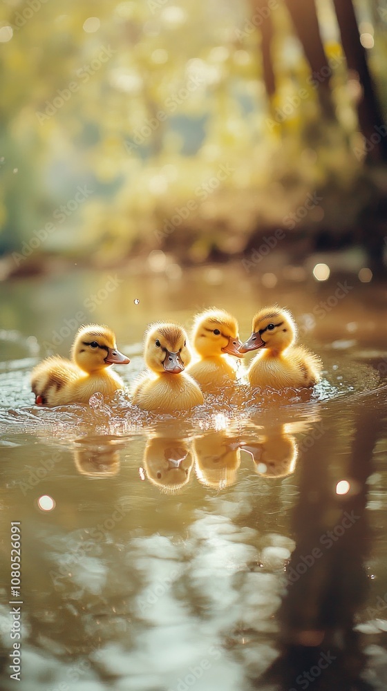 Poster four fluffy ducklings swim in a row in a shallow pond with dappled sunlight.