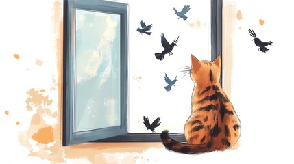 a 2D cartoon illustration of a cat watching birds from a window, curious and calm, white background--ar 16:9