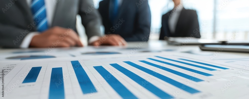 Poster a close-up view of a business meeting, showcasing graphs and charts on a table, with professionals d