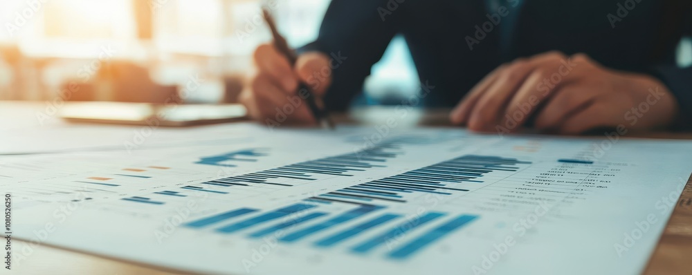 Poster a person analyzes financial charts and graphs, taking notes and making observations on a desk with a