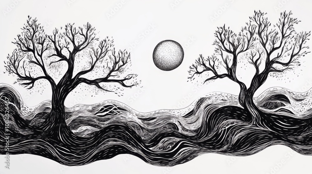 Poster two trees are on the left side of the image. the right side of the image has a large moon