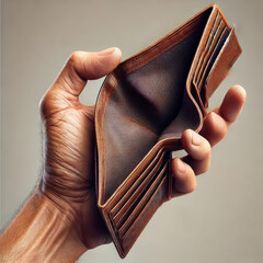 hand holding empty brown wallet, symbolizing financial emptiness