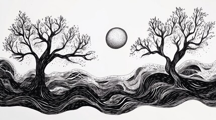 Two trees are on the left side of the image. The right side of the image has a large moon