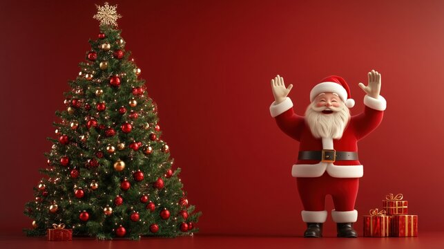 A cheerful 3D Santa waving by a large decorated tree, with blank space for a holiday message on the right.