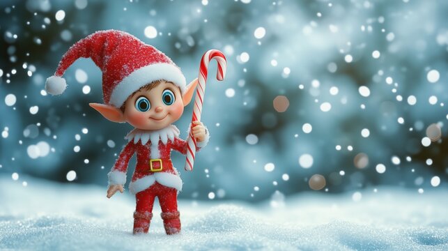 A playful 3D elf holding a candy cane and standing in the snow, with blank space on the right for a message