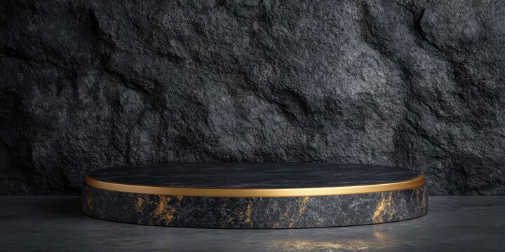Black and gold podium for product placement and website banner, balck wall on back