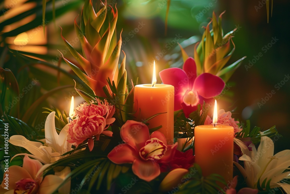 Poster a table is covered with a colorful arrangement of flowers and candles. the candles are lit, creating