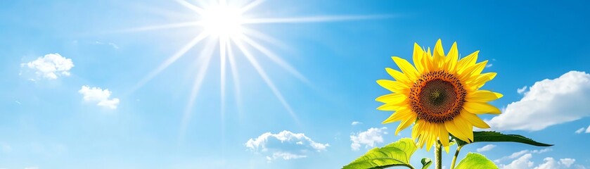 Naklejka premium A vibrant sunflower blooms under a bright sun against a clear blue sky, symbolizing warmth and positivity.