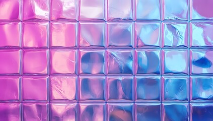 3D render of shiny metal tiles in blue, purple, and pink neon light. The background has a gradient color from top to bottom