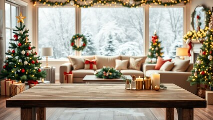 Obraz premium Cozy Christmas Living Room with Decorated Trees, Gifts, and Warm Lighting - Perfect for Holiday Celebrations