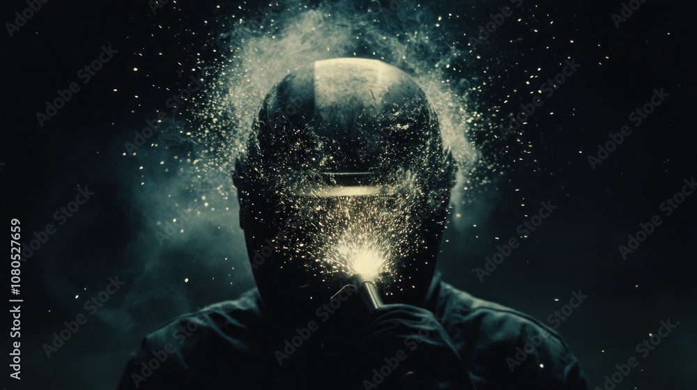 Poster A welder in a dark background with sparks flying out of the welding torch.