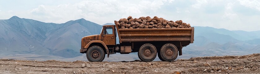 An old truck loaded with minerals parked on a vast landscape, showcasing industrial transportation in rugged terrain.