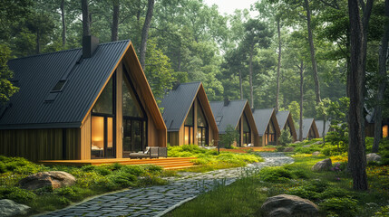 A row of modern, sustainable housing buildings with wooden cladding and dark grey metal facades, surrounded by green trees in the landscape design.
