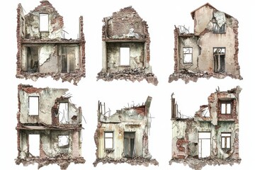 Collection of Ruined Building Facades Showing Structural Decay,isolated against white background. Perfect for Urban Decay, Architecture, and Post-Apocalyptic Themes