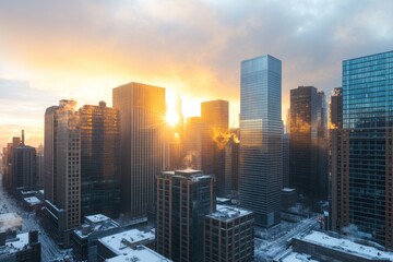 A city skyline at sunrise, showcasing buildings with steam and a snowy landscape below.
