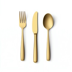 Elegant golden cutlery set, including a fork, knife, and spoon, perfect for upscale dining and gourmet experiences.