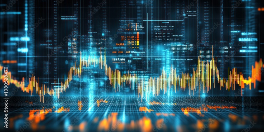 Poster abstract digital representation of data trends and analytics in a tech environment.