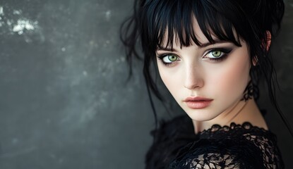 Fototapeta premium Portrait of an adult woman with black hair and green eyes, wearing gothic , looking at the camera, front view, studio photography.