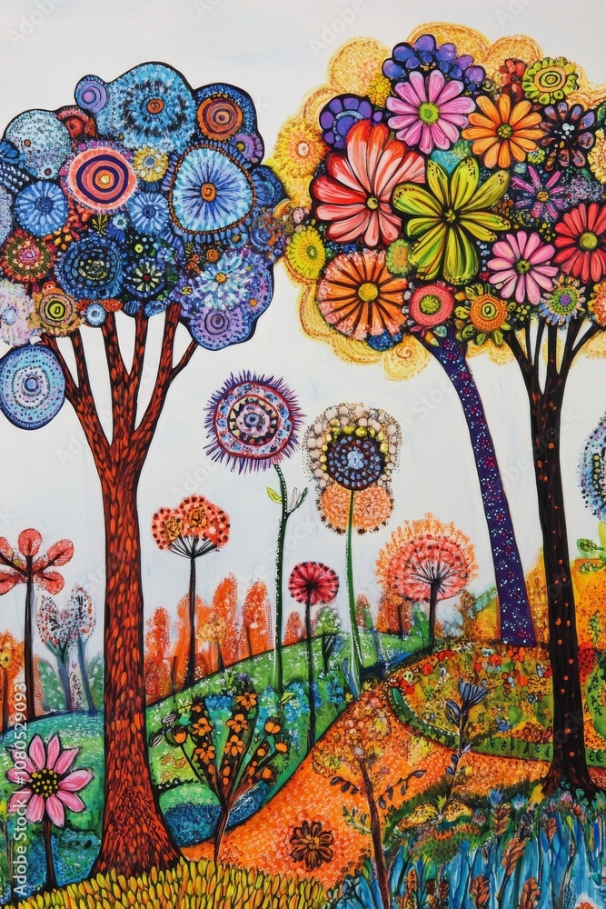 Poster a colorful painting of two trees with a path in between them. the trees are surrounded by a variety 
