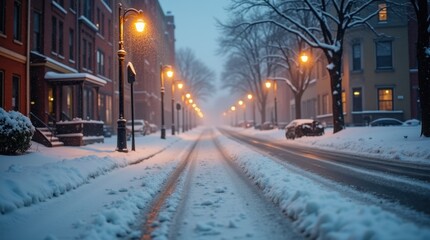 Serene Urban Street Blanketed in First Snowfall