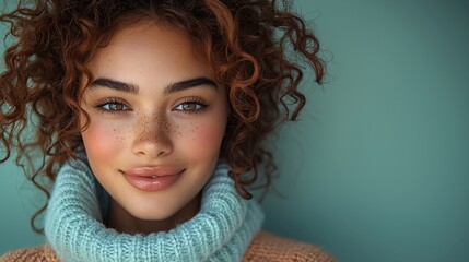 Fototapeta premium A cheerful young woman in a cozy winter outfit, perfect for holiday campaigns or winter fashion promotions. Ideal for seasonal marketing and social media content.