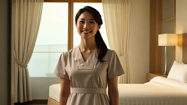 Smiling hotel maid standing in modern hotel room